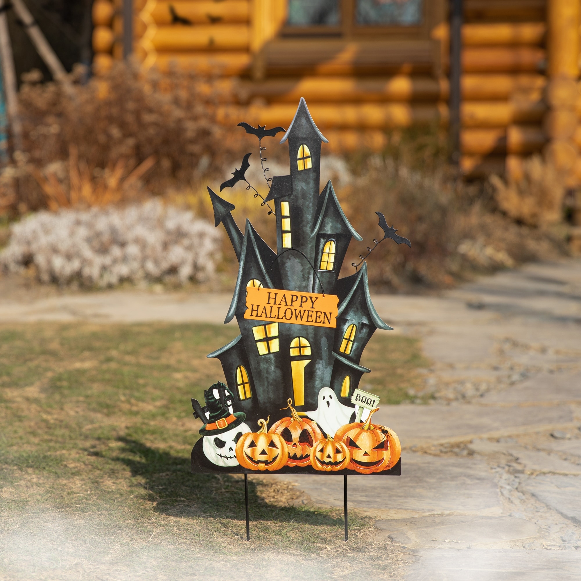 Glitzhome 32"H Happy Halloween Metal Haunted House Yard Stake