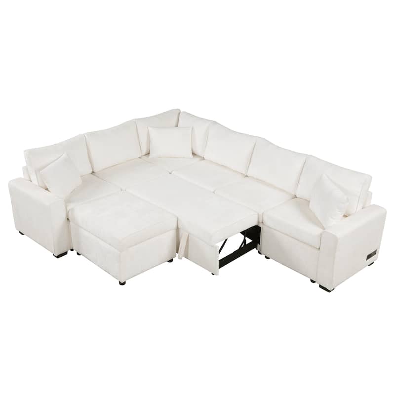 112.2" Sectional Sofa, Pull-out Sofa Bed Sleeper with Storage Ottoman,3 Pillows