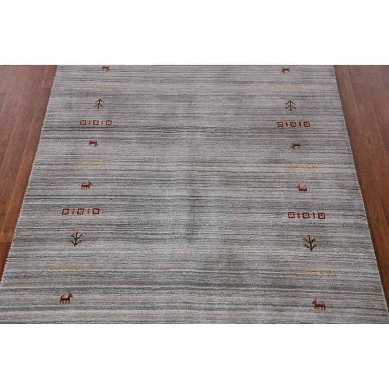 Hand Knotted Oriental 100% Wool Carpet Tribal Animal Pictorial Greys & Charcoal Gabbeh Area Rug - 8' 0'' X 5' 0''