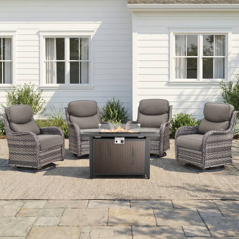 Pocassy 43" Fire Pit Table with Outdoor Swivel Chair Set - Gray Wicker Gray Cushion - 5-Piece Swivel Chair w/ Fie Pit Table