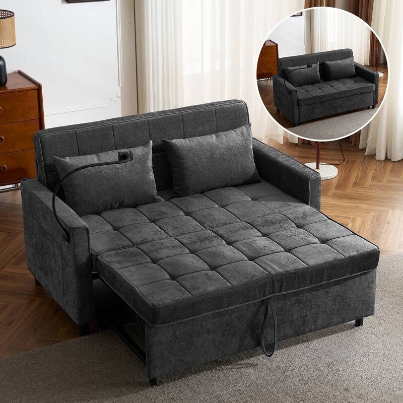 Pull-Out Sofa Bed Sleeper Sofa with A Reversible Backrest Cushion, Side Pockets, Two USB Ports and a Phone Holder - Black