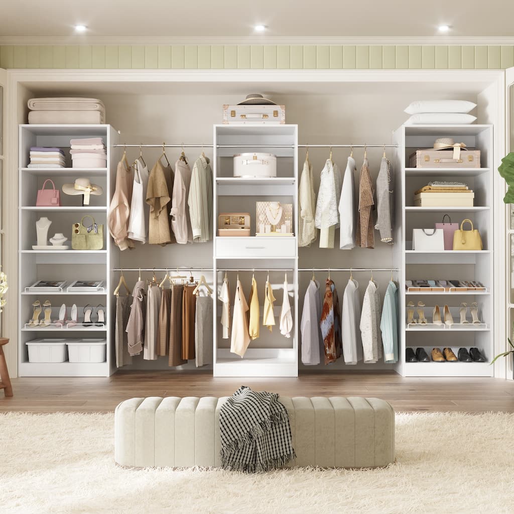 70'' - 221'' Set of 3 Closet System Organizer with Adjustable Hanging Rods, Shoe Racks, and Shelves