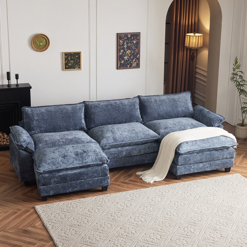 Double Layer Cushion Cloud Couch, Moludar Sofa With Reversible Ottoman For Living Room