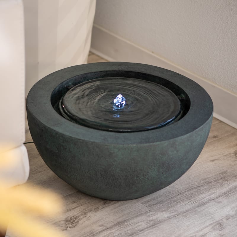 XBrand 19.8"W Round Polyresin Sphere Water Fountain w/LED Light, For Indoor/Outdoor, Garden Water Fountain