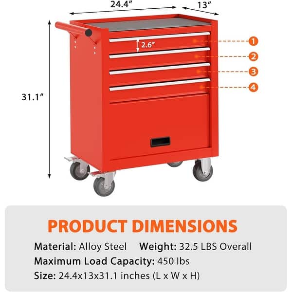 dimension image slide 0 of 4, 4 Drawers Rolling Tool Chest Metal Tool Cart Storage Cabinet
