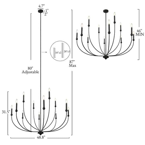 LALUZ Modern Transitional 2-Tier 12-Light Black Wheel Chandelier for Large Living Dining Room Entryway - Dia. 48.8" x H 31.5"
