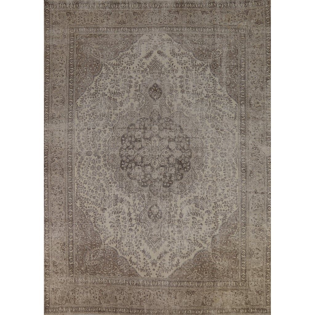 Distressed Floral Tabriz Persian Vintage Rug Hand-Knotted Wool Carpet - 9'5"x 12'2"