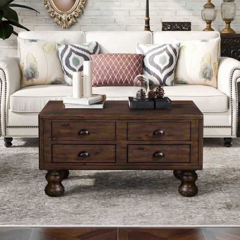 Solid Wood Rectangle Coffee Table with 4 Drawers
