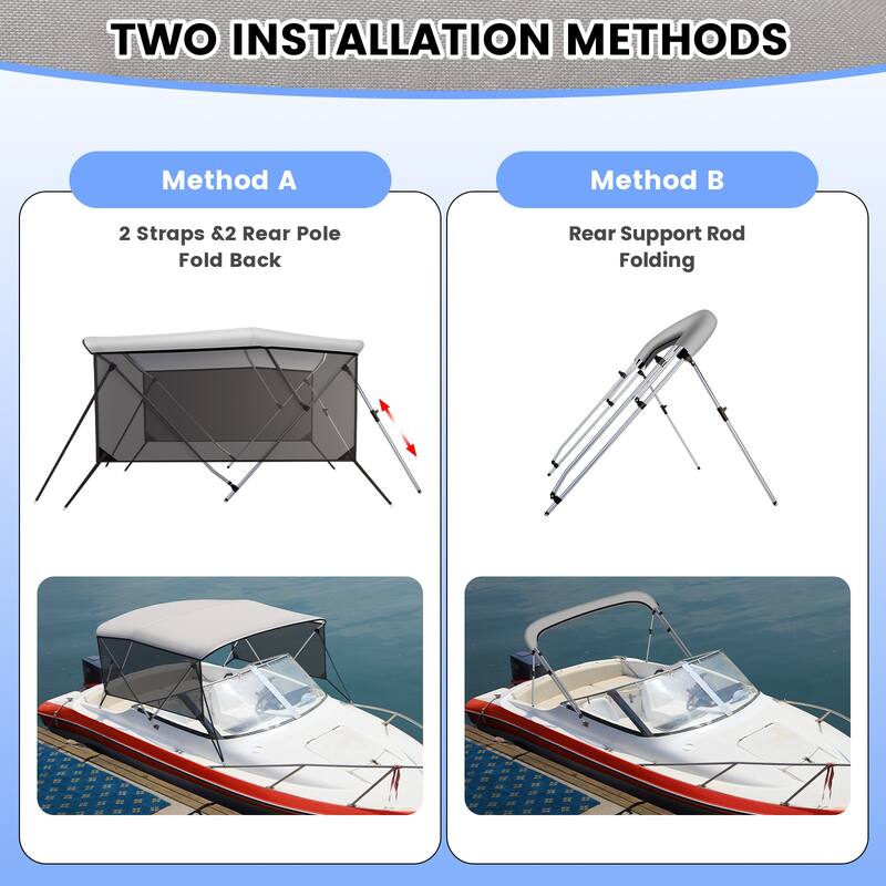 3 Bow Bimini Tops for Boats with Mesh Sidewalls Support Poles