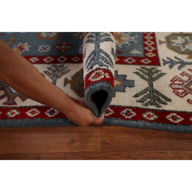 Geometric Blue Kazak Oriental Area Rug Hand-Knotted Wool Carpet - 7'11" x 9'9"
