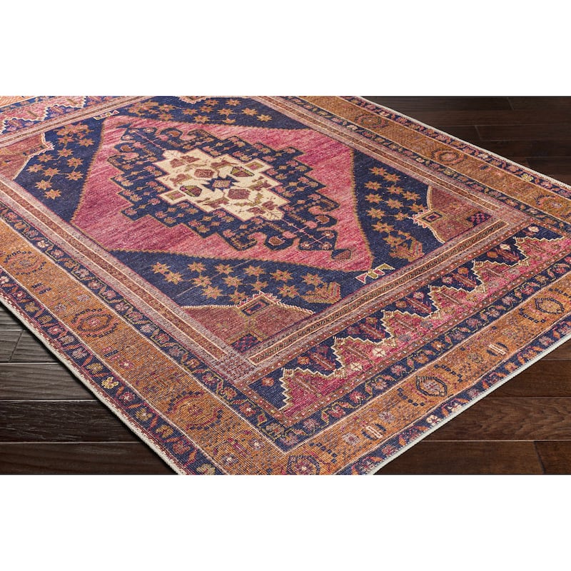Hauteloom Malamote Living Room, Bedroom Machine Washable Area Rug - Navy, Dark Pink, Burnt Orange - 2' x 2'11"