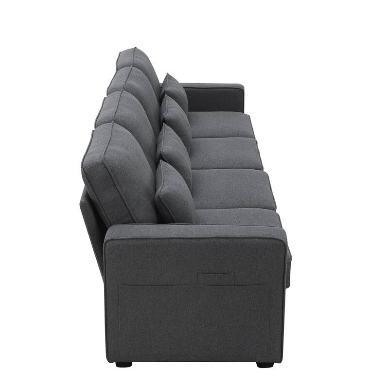 Modern 104" 4-Seater Linen Sofa with Storage Pockets and Pillows for Living Room