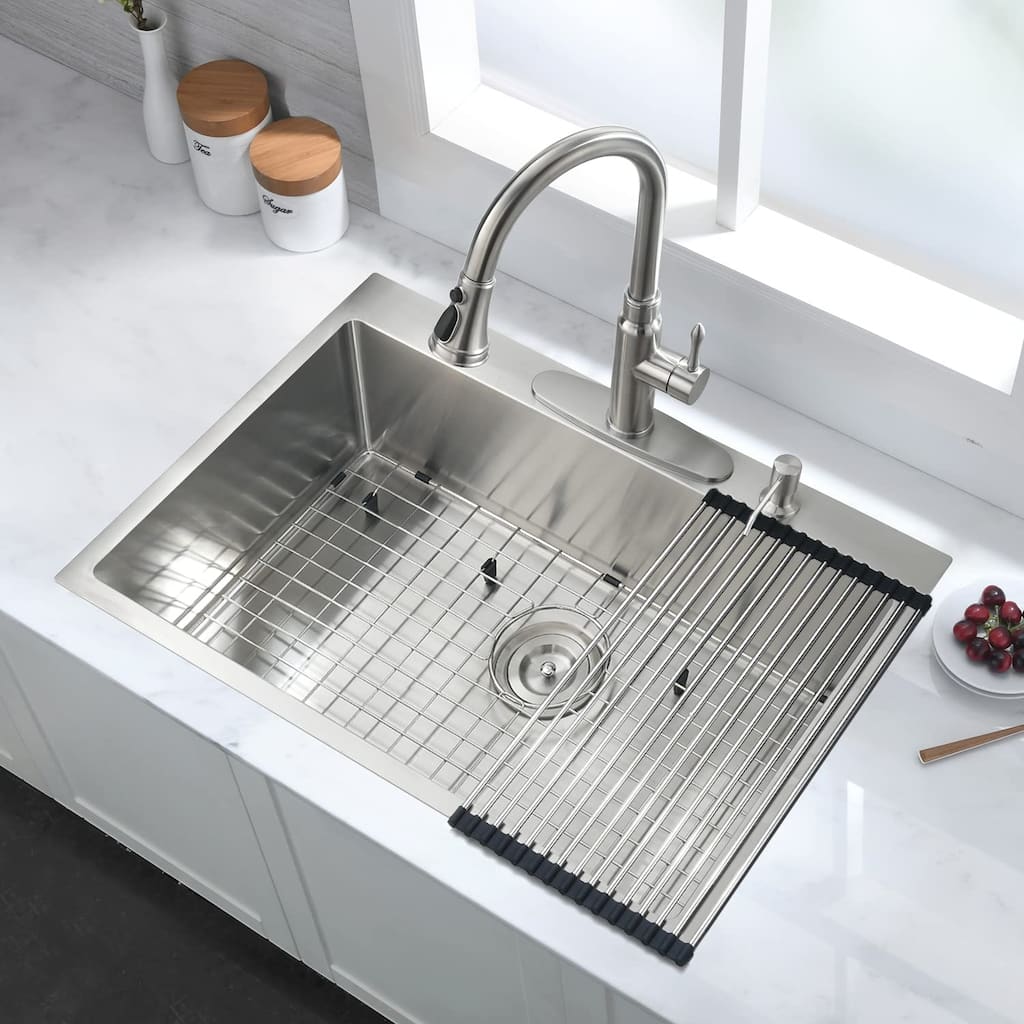 Stainless Steel Single Bowl Drop-in Kitchen Sink with Basket Strainer and Sink Grid - 30" x 22"