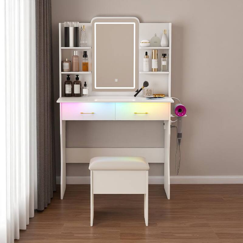 KISRAIS 35.4" Fashion Vanity Desk with Mirror and Lights, Cushioned Stool, Power Station, and Hair dryer bracket - White