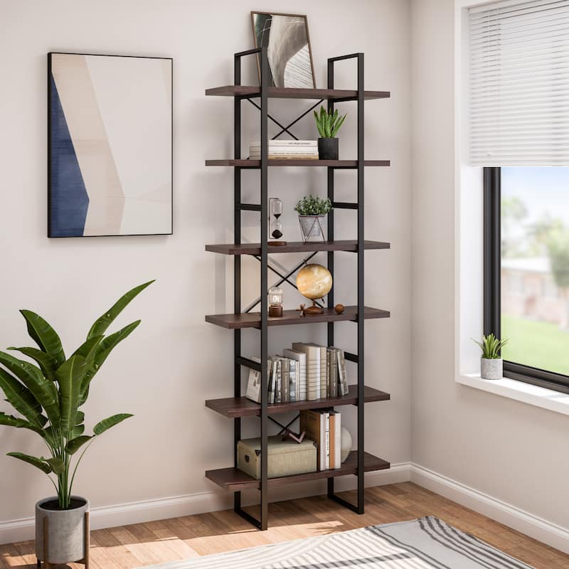 BaBia 6-Tier Industrial Brown Walnut Bookcase - 85" H x 35.43" W x 12.5" D - 85" H x 35.43" W x 12.5" D - Brown Walnut