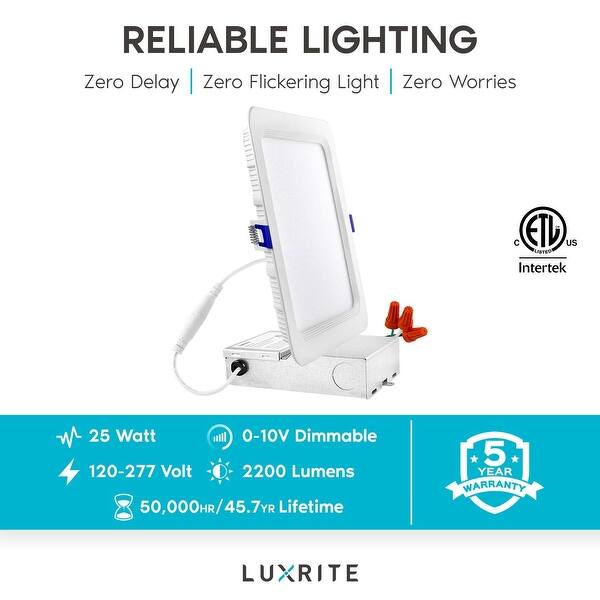 Luxrite 8 Inch Square Ultra Thin Led Recessed Light With J Box 25w 20 Lumens 0 10v Dimmable Ic Damp Rated 6 Pack On Sale Overstock