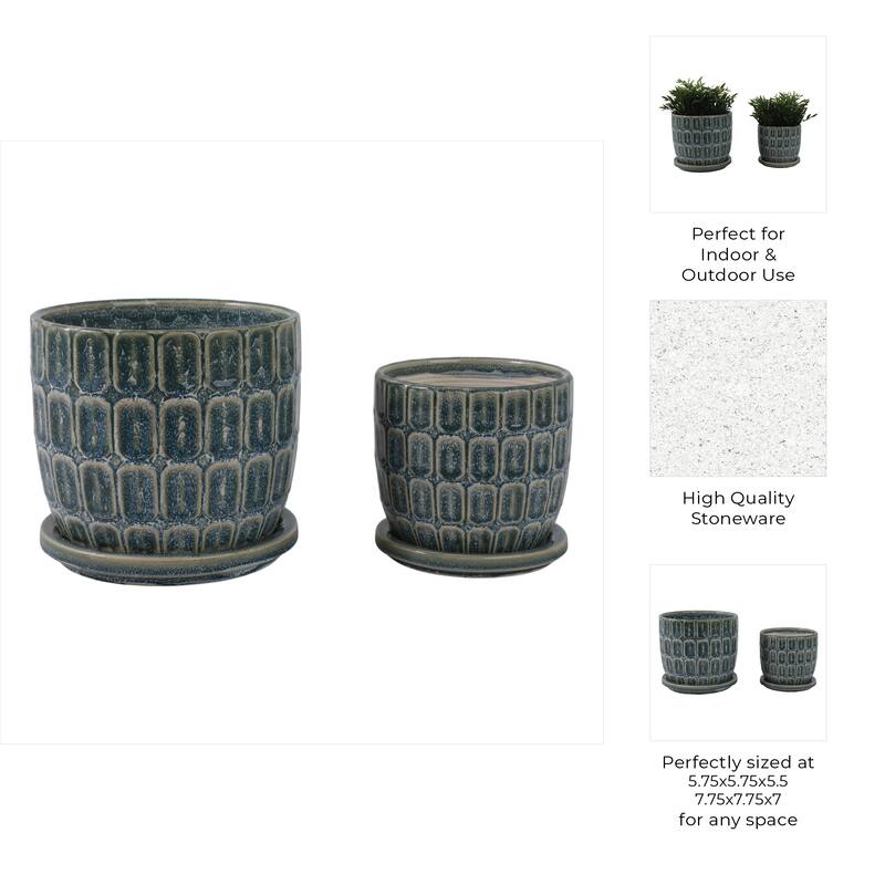 Stoneware Saucer Planters with Embossed Geometric Texture (Set of 2)