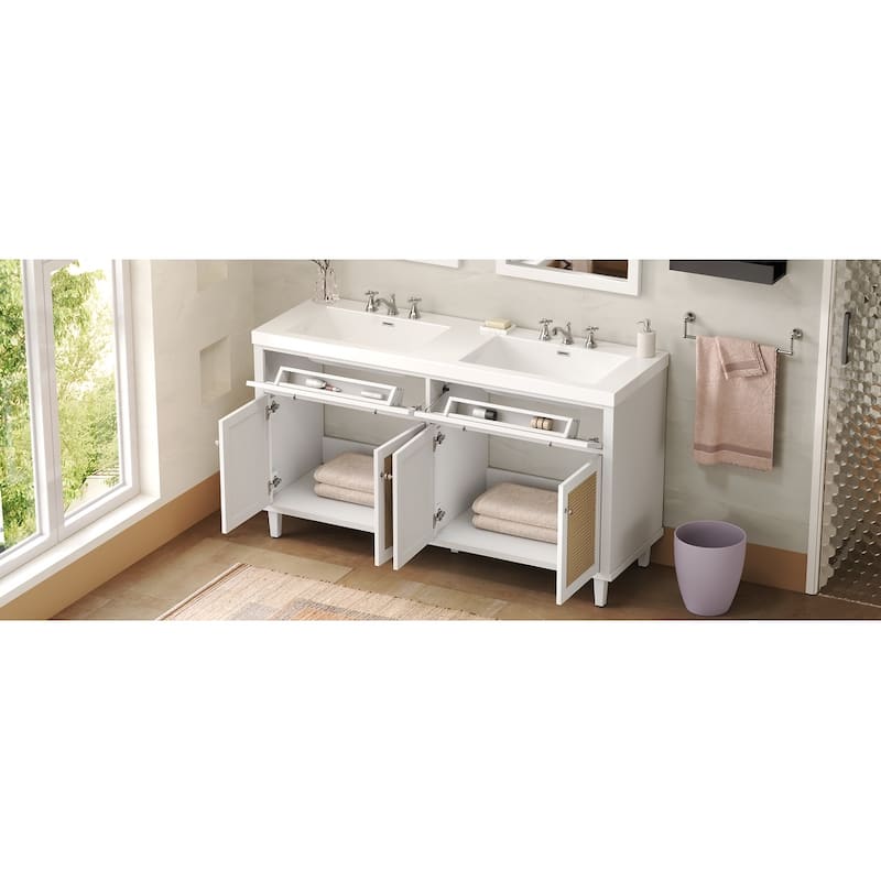 Christopher Knight Home - Bellmere 60" Modern Double Sink Bathroom Vanity with SMC Sink, Soft-Close Storage, and Solid Wood Legs