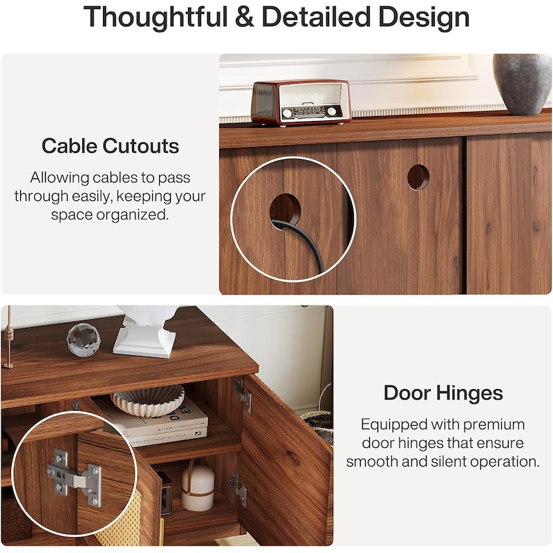 70.9" TV Console, Rattan Entertainment Center with 6 Storage Shelf and Cabinet - 70.87" W x 13.78" D x 17.72" H