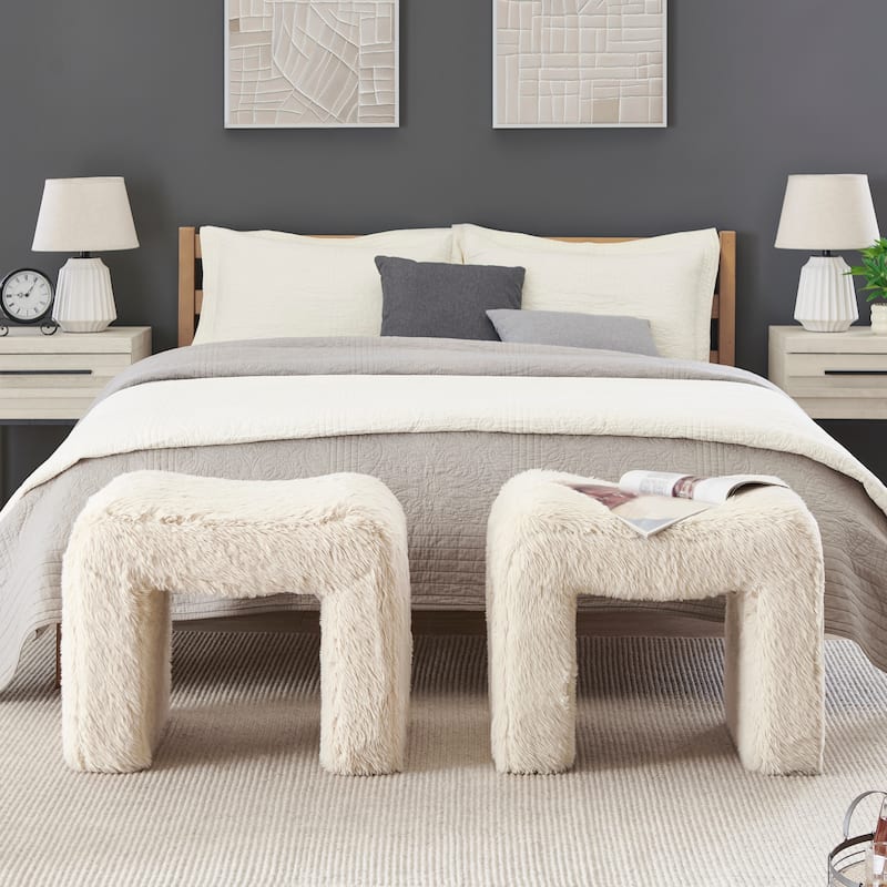 Roundhill Furniture Zorya Faux Fur U-Shaped Ottoman, Set of 2