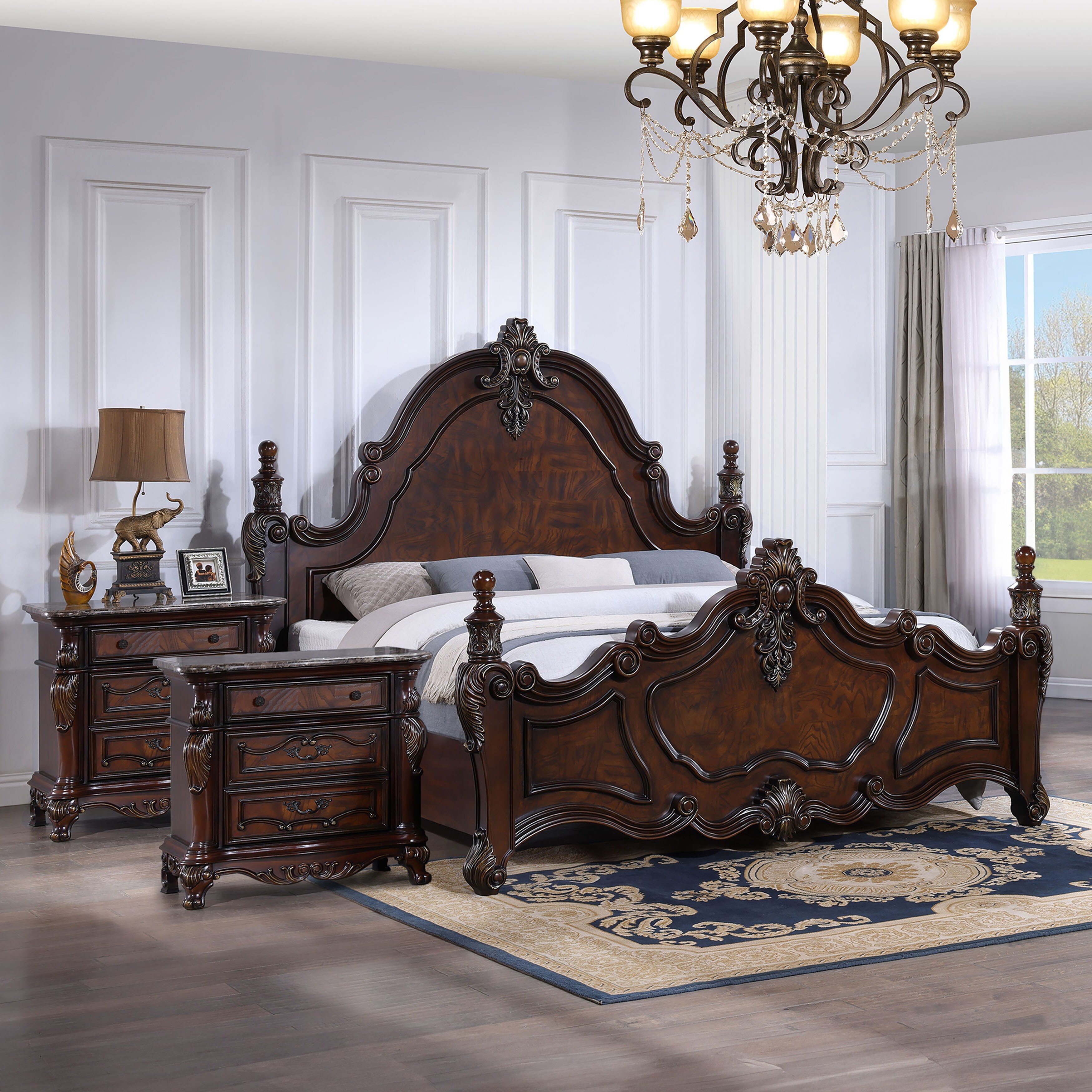 thumbnail image 2 of 5-Piece Vintage Bedroom Set - King Size Bed, Dresser, Mirror & Nightstands In Brown Cherry 2 of 13