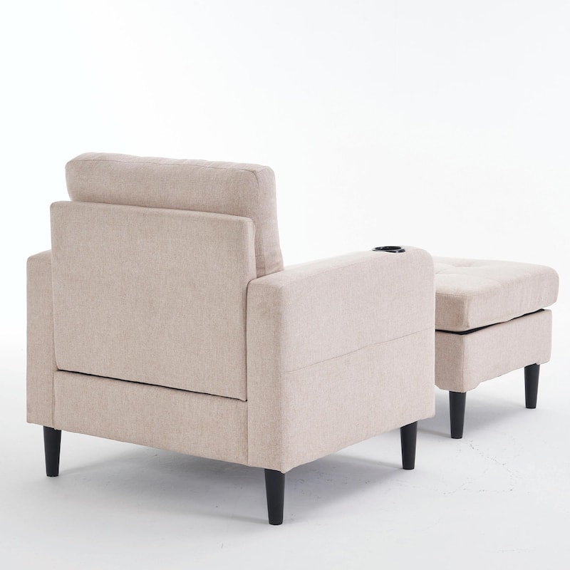 Upholstered Armchair and Storage Ottoman Set with Cup Holders and Tufted Detailing