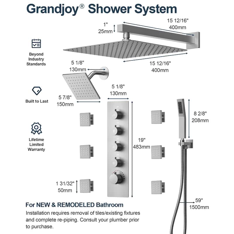 GRANDJOY Shower System Dual Shower Heads 16" and 6" Wall Mounted High Pressure Handheld Spray 6 Body Jets Thermostatic