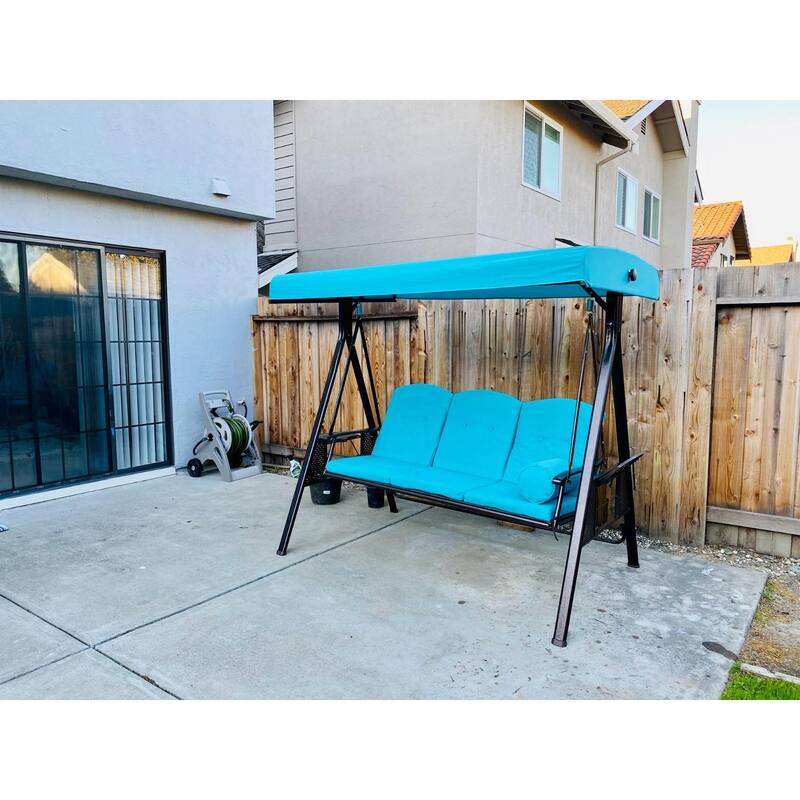 PURPLE LEAF Outdoor Patio Porch Swing with Canopy and Side Tables - 3 Seat - Turquoise Blue