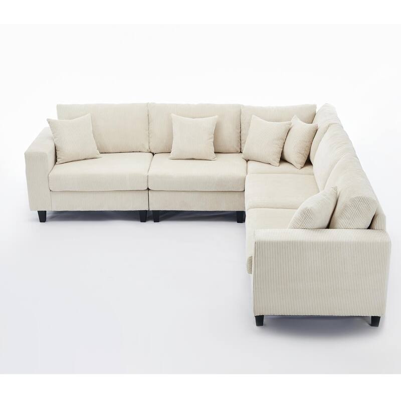 Oversized Modular Sectional Sofa Set, L Shaped, Corduroy Upholstered, 5 Seat, Beige