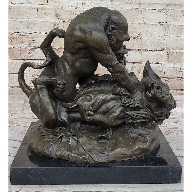 Bronze Sculpture Statue Of A Imitative Gorilla Vs. Imitative Lion By Clovis Edmon Mon