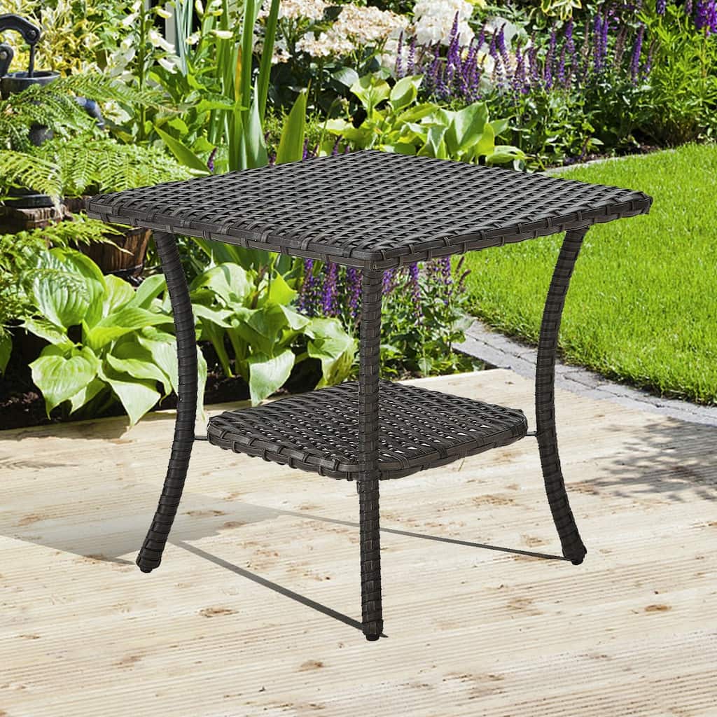 Outdoor Wicker Storage Side Table - Brown