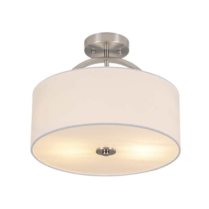 Contemporary 2-Light White Linen Drum Semi Flush Light 15in Wide