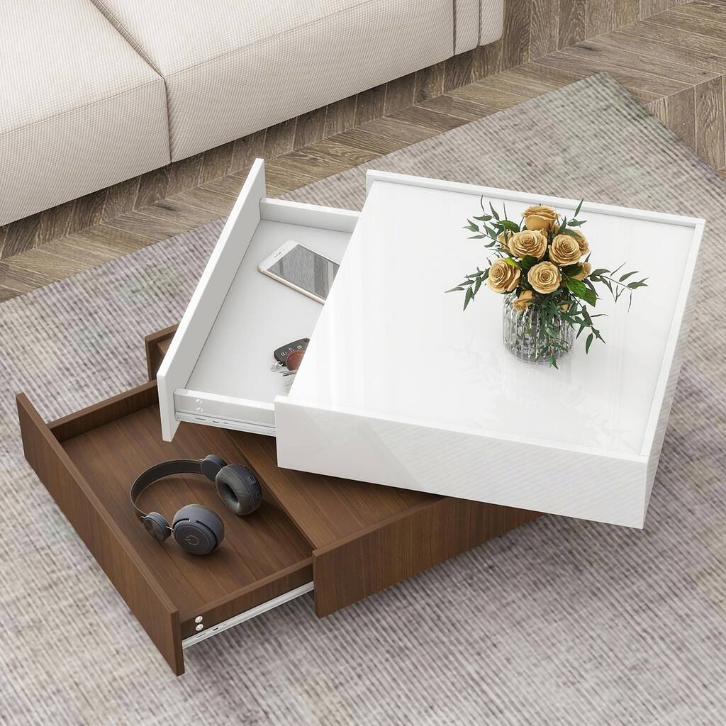 Multi-functional Square Rotating Coffee Table with Drawers and Swivel Tabletop