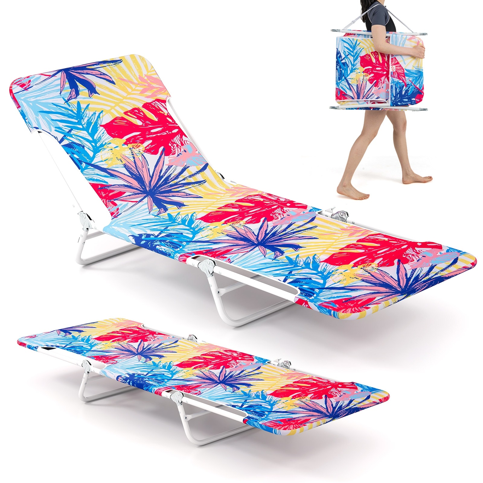 Gymax 2 Pieces Outdoor Folding Chaise Lounge 5-position Lay Flat Beach