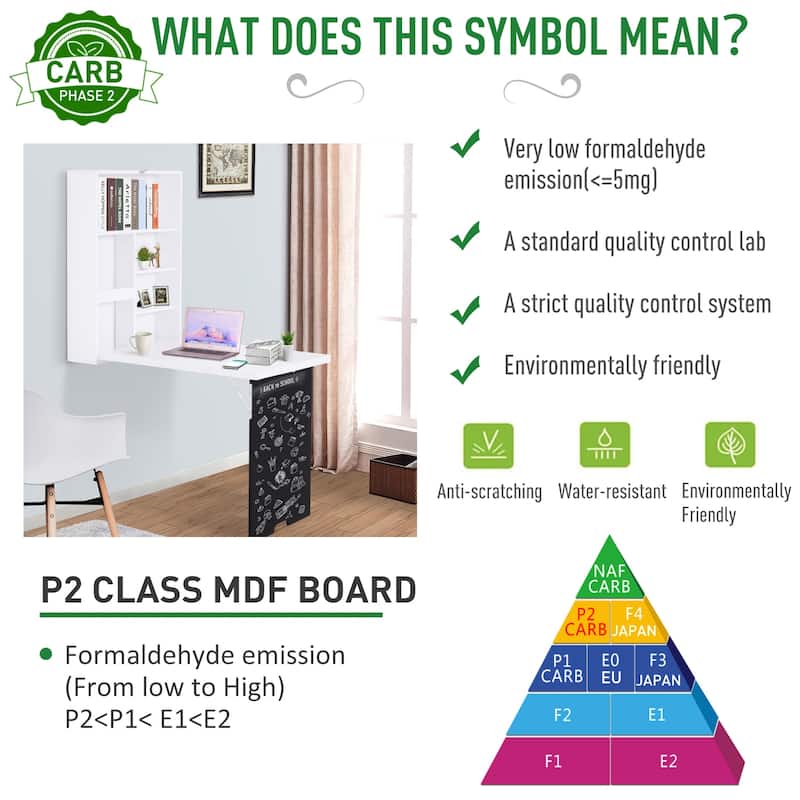 Wall Mounted Foldable Desk with a Blackboard, Fold Out Convertible Floating Desk with Shelves, White - White