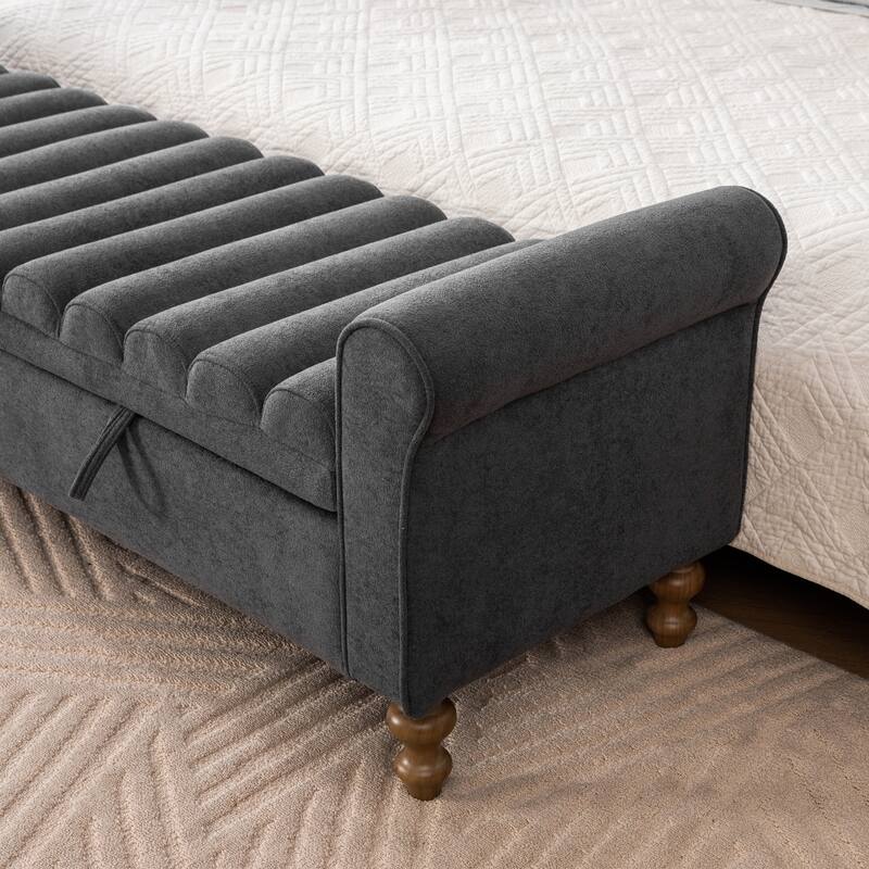 65.6"W Upholstered Storage Bench With Rolled Armrest, Rubberwood Legs