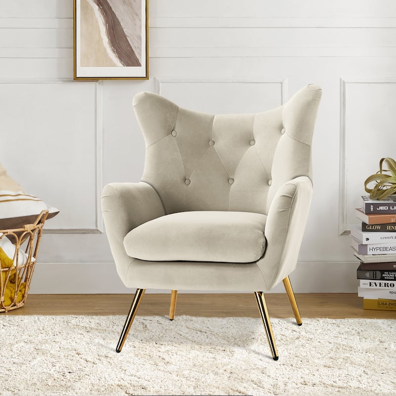 Eusebio Tufted Velvet Accent Chair with Wingback, Arms, and Metal Gold Legs for Living Room or Bedroom by HULALA HOME