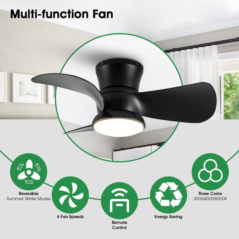 31-inch Modern Black Propeller Flush Mount Ceiling Fan with Light and Remote