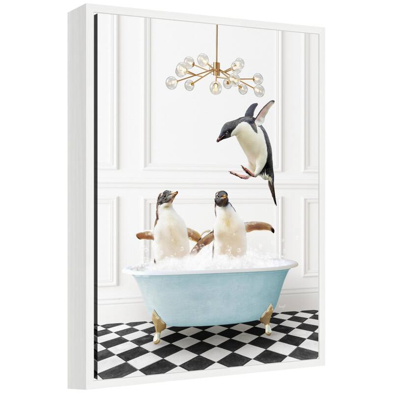 Kate and Laurel Sylvie Penguins in Blue Bathtub on Checker Floor Framed Canvas by Amy Peterson - White