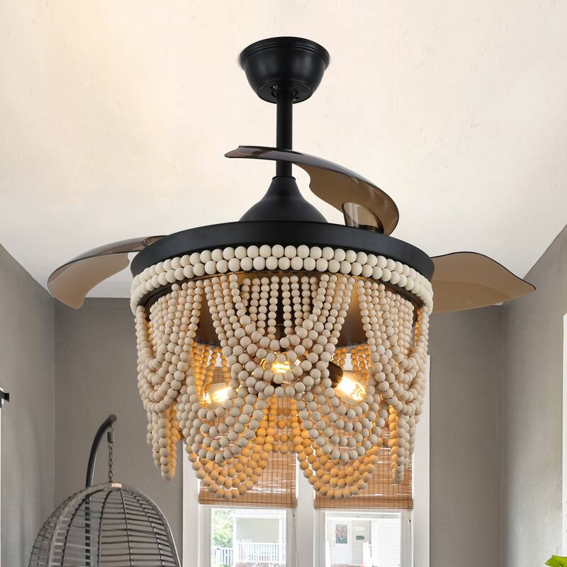 Bella Depot 42" Bohemian Retractable Ceiling Fan with Remote and Light 6-speed Modern Wood Chandelier - Black