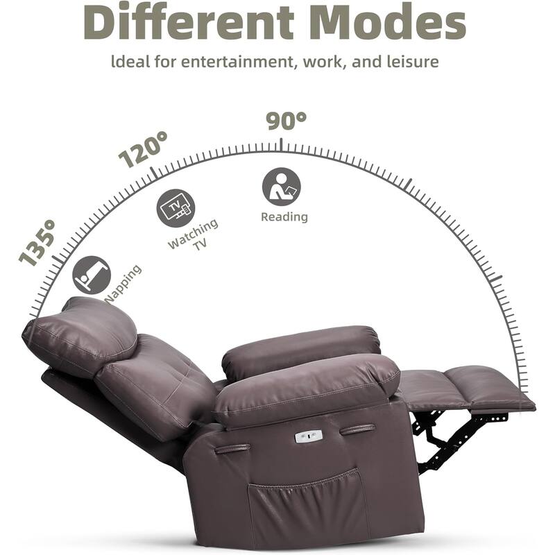 27" Oversized PU Leather Massage Recliner with Heat & Vibration, Cup Holders, Side Pockets, Wood Frame