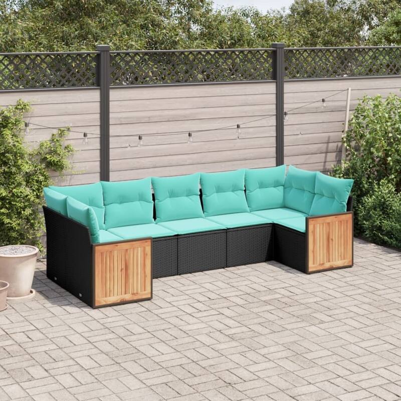 vidaXL 7 Piece Patio Sofa Set with Cushions Black Poly Rattan - 21.7x27.2x24.4