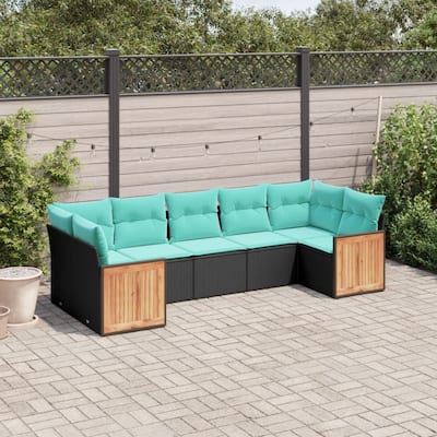 vidaXL 7 Piece Patio Sofa Set with Cushions Black Poly Rattan - 21.7x27.2x24.4