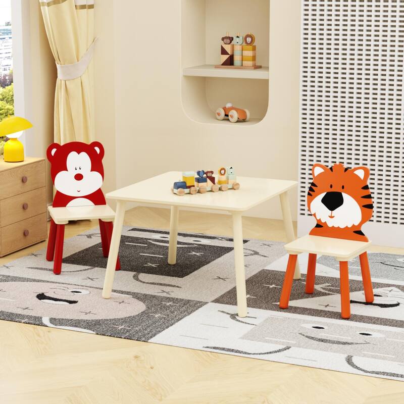 Anmytek Toddler 3-Piece Wooden Table and Chair Set Kids Activity Desk with Animal Backrest for Playroom Nursery - Natural + red