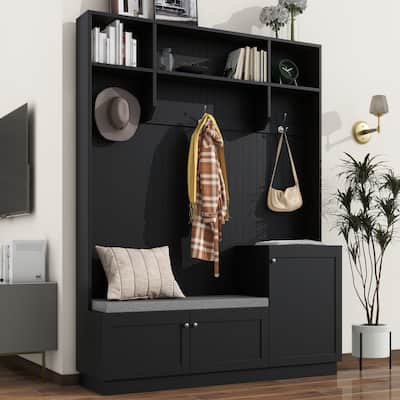 All-in-One Hall Tree with Bench and Shoe Storage, Entryway Upholstered Storage Bench Modern Wood Coat Rack with Hooks