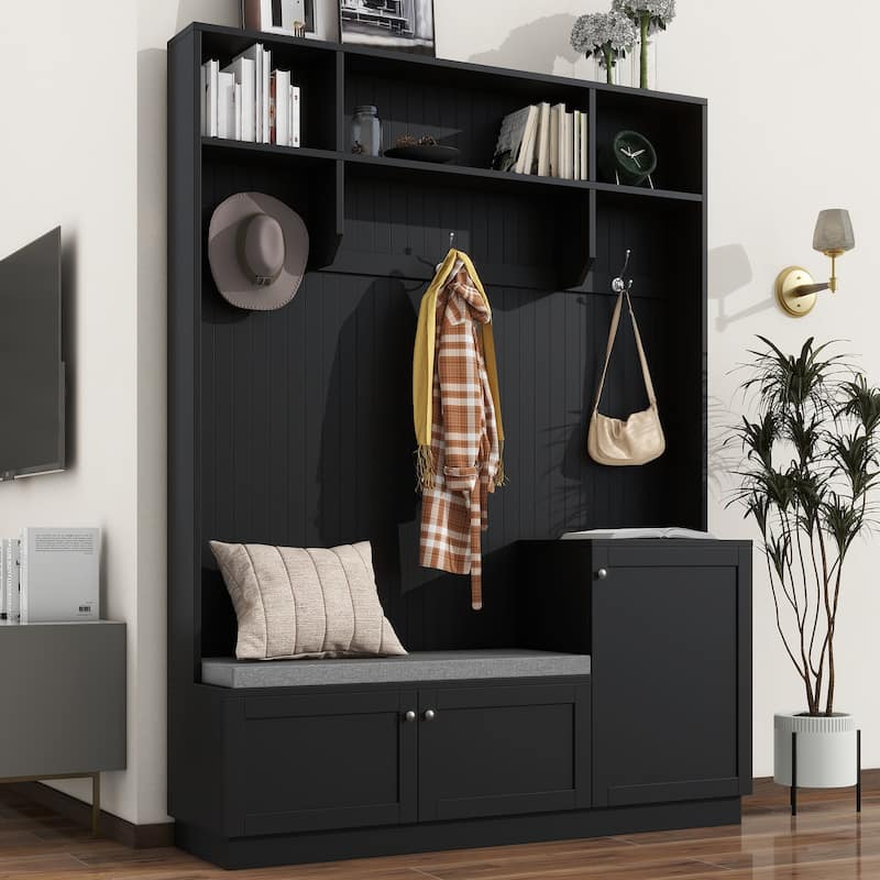 Roomfitters Elegant Hall Tree with Storage Bench and Cushioned, Mudroom Shoe Cabinet with Hooks for Living Room - Black