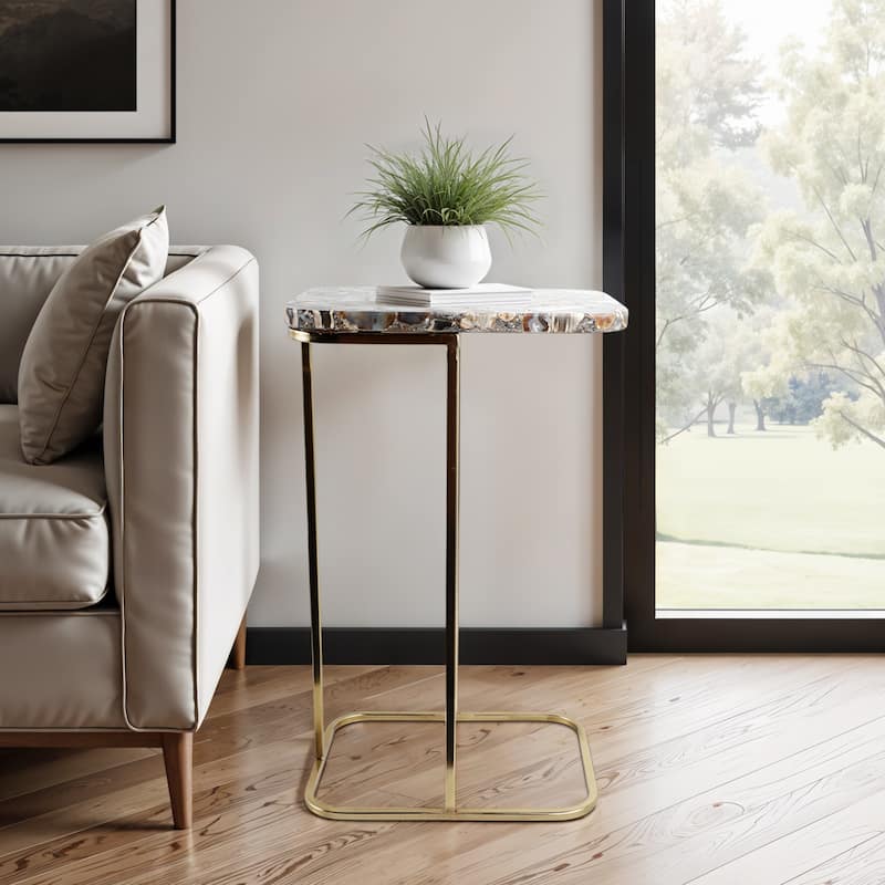 Stone and Metal Accent Table Agate Top Contemporary Style - 24" Black - 15" x 11" x 24"