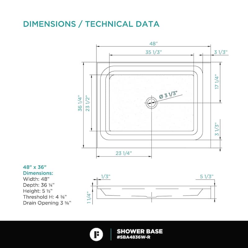 Fine Fixtures Double Threshold Acrylic Shower Base - Non-Slip Textured Surface Shower Floor Pan in White