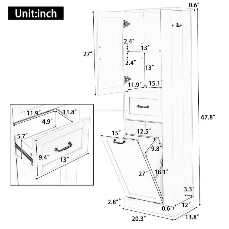 Modern Tall Bathroom Storage Cabinet with Tilt Out Laundry Compartment, Adjustable Shelves, Soft Close Doors