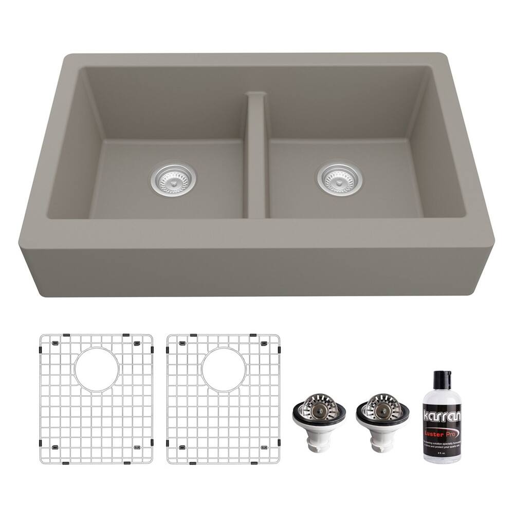 Karran Retrofit Farmhouse Quartz 34 in. Double Bowl 50/50 Sink Kit